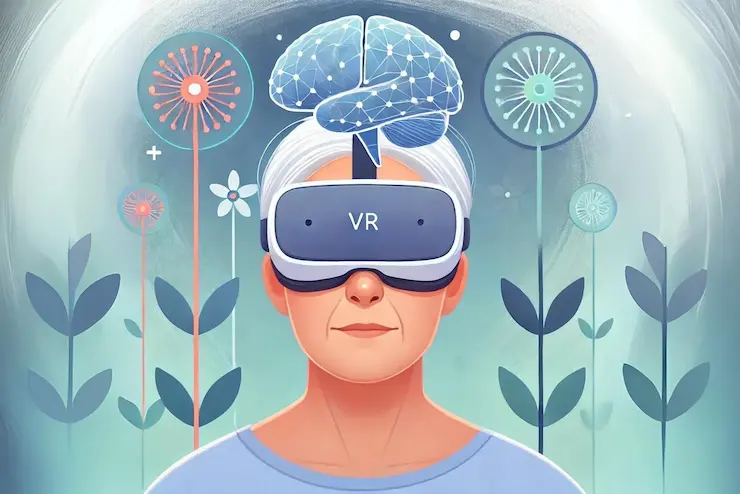 Short-Term Memory: Key in Post-Stroke Recovery 1 Mujer adulta mayor usando gafas de realidad virtual con una representación del cerebro, simbolizando estimulación cognitiva mediante tecnología inmersiva.