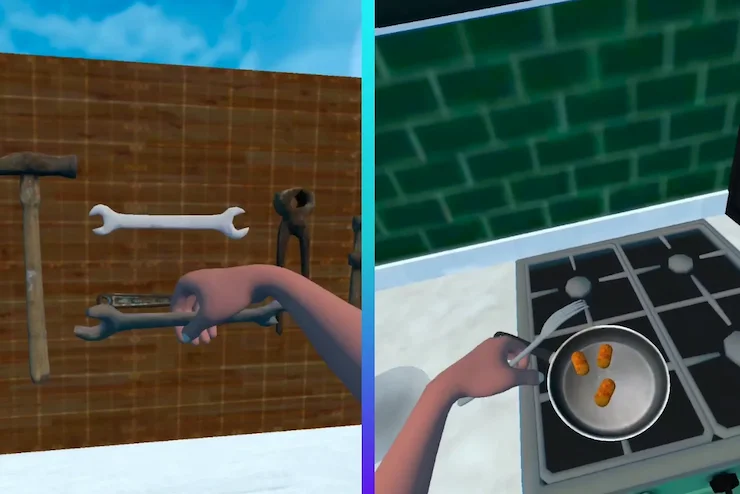 Short-Term Memory: Key in Post-Stroke Recovery 2 Ejercicios de realidad virtual que simulan tareas cotidianas como usar herramientas y cocinar, utilizados en rehabilitación motora y terapia ocupacional.