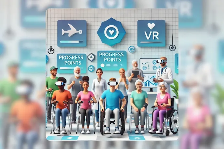 Gamification in Rehabilitation: An Approach that Increases Adherence to Treatment 1 Pacientes en rehabilitación utilizando gafas de realidad virtual junto a profesionales de la salud, en un entorno gamificado con puntos de progreso y tecnología inmersiva.