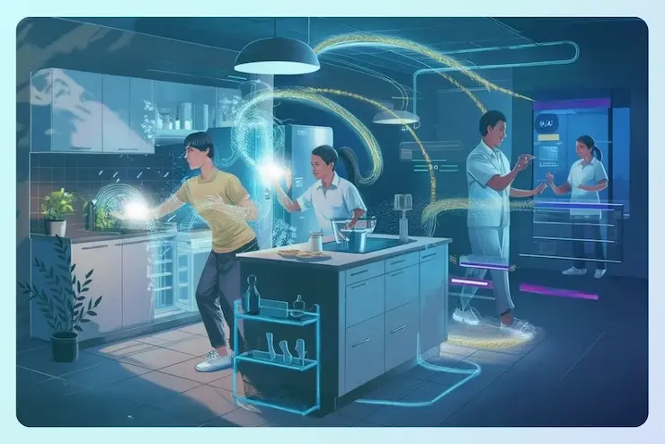 Types of Praxis: Examples and Exercises 1 Ilustración de tres personas realizando actividades terapéuticas en una cocina virtual con efectos XR de Kinesix