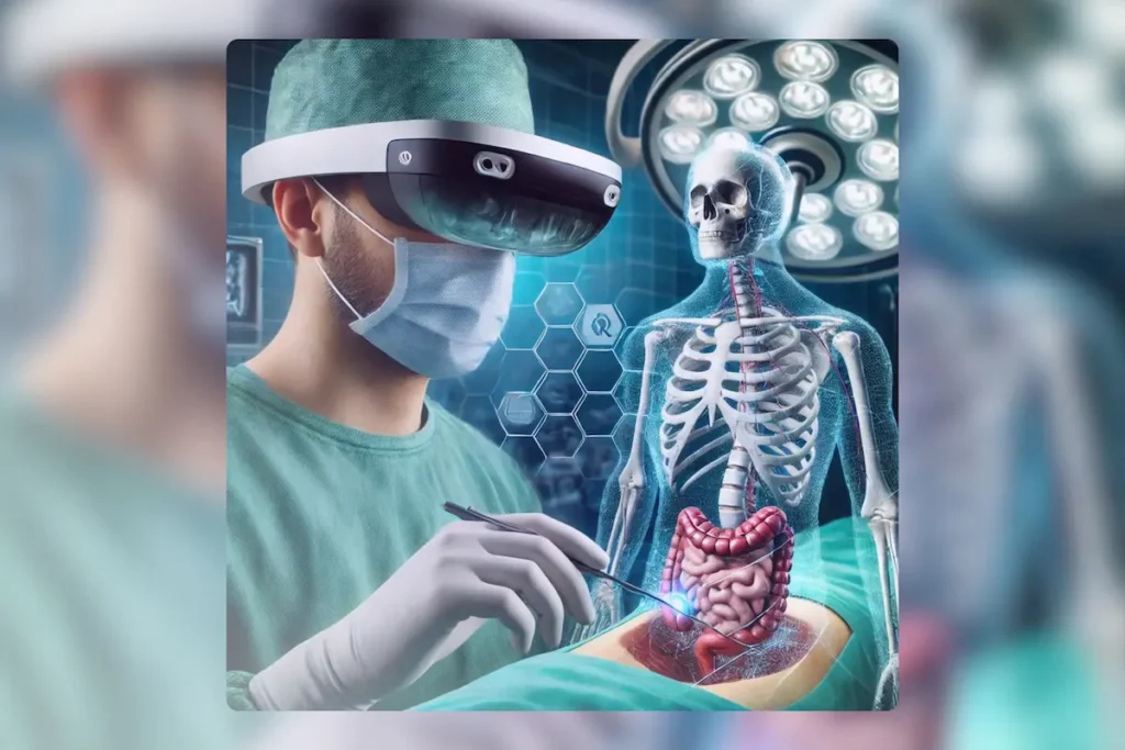 Mixed Reality: A Revolutionary Advancement in Modern Healthcare 2 Cirujano con visor de realidad aumentada operando con proyección holográfica del esqueleto y órganos internos del paciente.