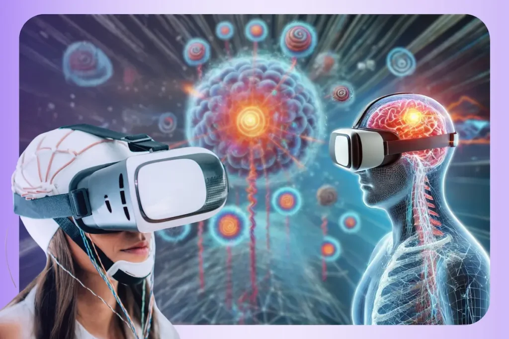 Immersive Reality: A Revolution in Managing Chronic Pain for Rehabilitation 1 Representación digital del cerebro con zonas activadas en rojo, acompañada de texto sobre el control del dolor con tecnología XR.