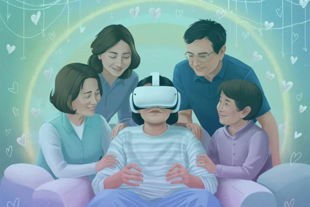 CPT Code 0770T: Un Paso Innovador en la Rehabilitación con Realidad Virtual 2 Paciente con visor de realidad virtual rodeado de familiares, simbolizando apoyo emocional en la terapia.
