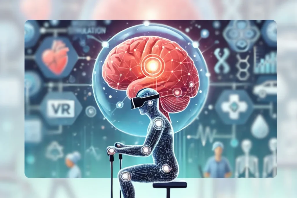 XR in Medical Devices: Innovation, Regulation, and Transformation in Healthcare 1 Figura con visor de realidad virtual frente a una representación de un cerebro, rodeada de iconos médicos y científicos.