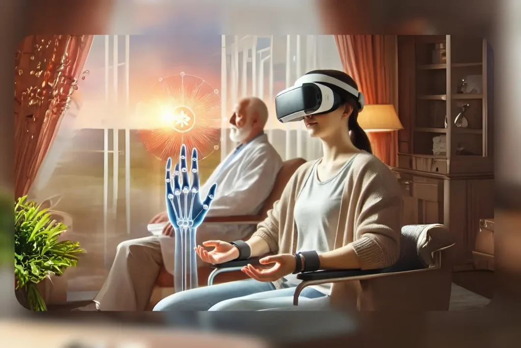 Immersive Reality: A Revolution in Managing Chronic Pain for Rehabilitation 2 Paciente usando visor de realidad virtual en una terapia de relajación con proyección de mano virtual, acompañada de un adulto mayor.